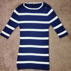 Express Navy and White Striped Crew Neck Sweater